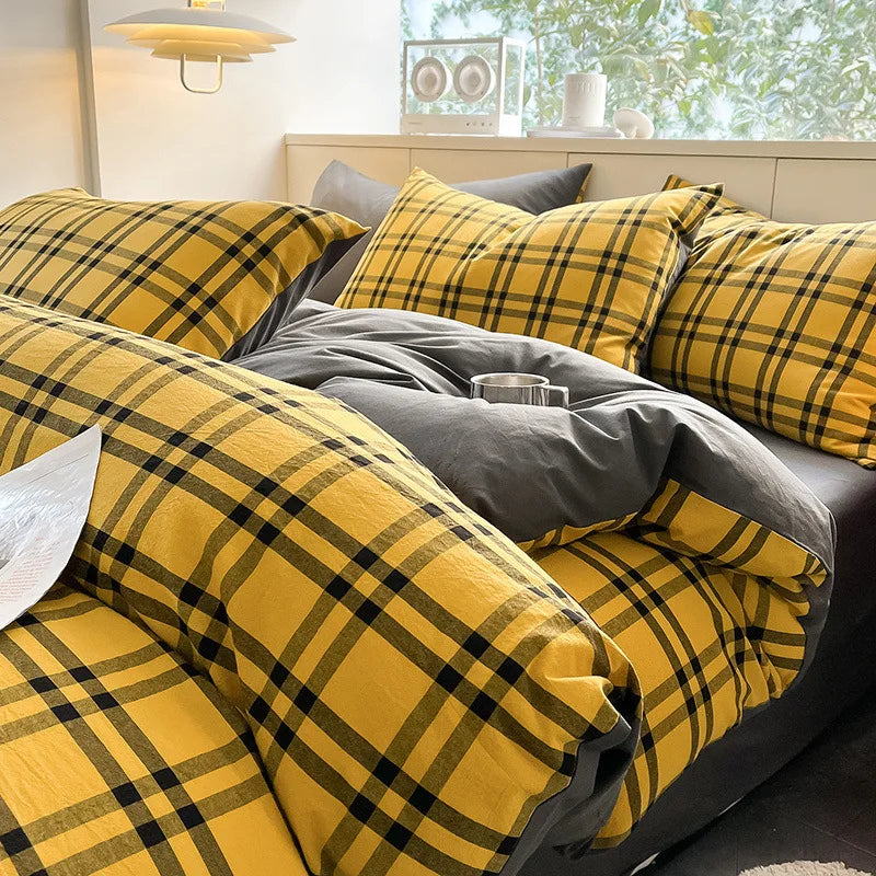 Cyflymder  Striped Gird Pure Cotton Bedding Set Skin-Friendly Non Fading Bed Linens for Home Dorm Single Double Quilt Sets for Four Seasons