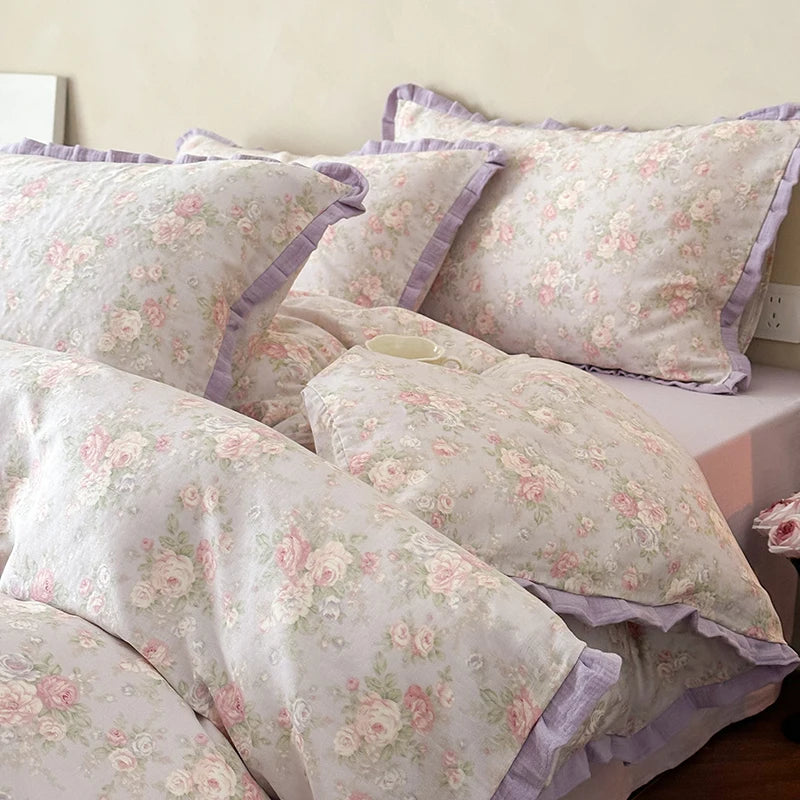 Cyflymder  Korean Princess Floral Ruffles 100% Cotton Double Layer Yarn Soft Bedding Set Single Queen King Duvet Cover Bed Sheet Pillowcase