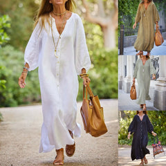Cyflymder  Summer Woman Dress White Elegant Women's Patchwork Long Sleeve Irregular Hem Maxi Dress V Neck Loose Fit Linen Look Casual Dress