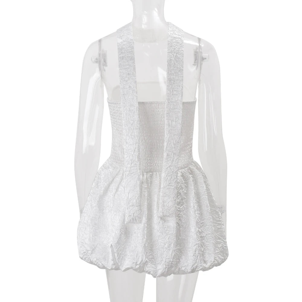 Cyflymder  French Sexy Patchwork Folds Dress for Women Strapless Sleeveless Tunic Fashionable Puff Dresses with Ribbon Female