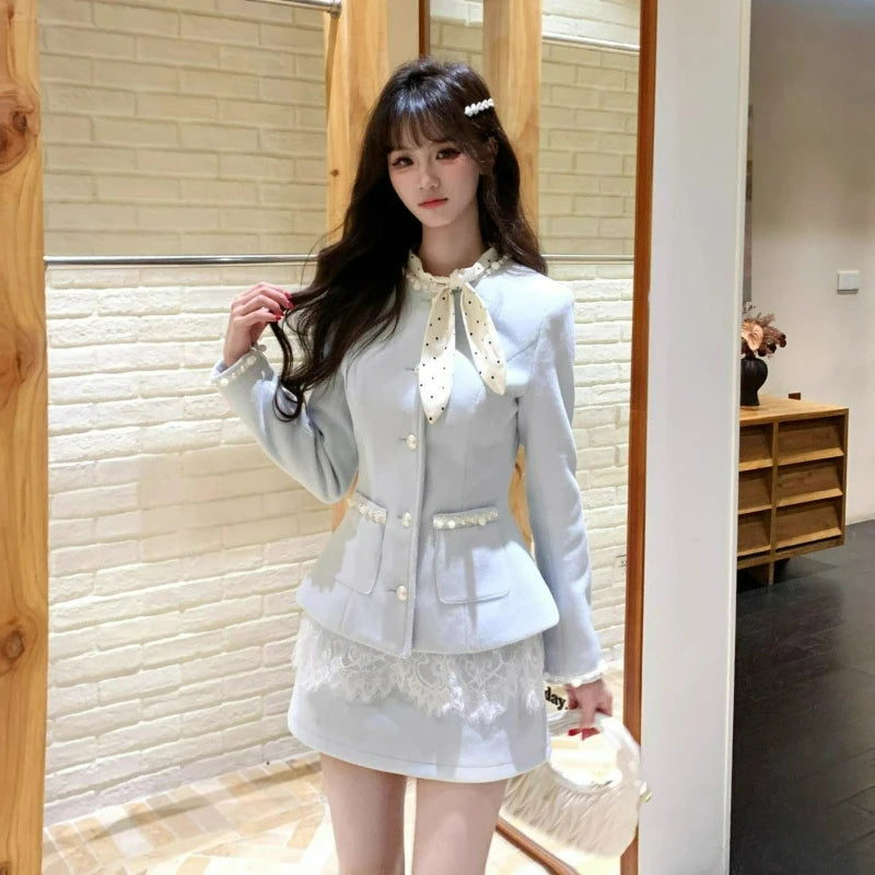 Cyflymder  Autumn Winter Korean Style Vintage Elegant 2 Piece Set Women Sweet Bow Woolen Short Jacket Lace Mini Skirt Suit Y2k Slim Outfitn