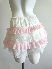 Cyflymder  Cute Shorts Women Summer Bow Decoration Pink Lace Patchwork Elastic Waist Lolita Multilayer Bottoming Shorts for Sweet Girls