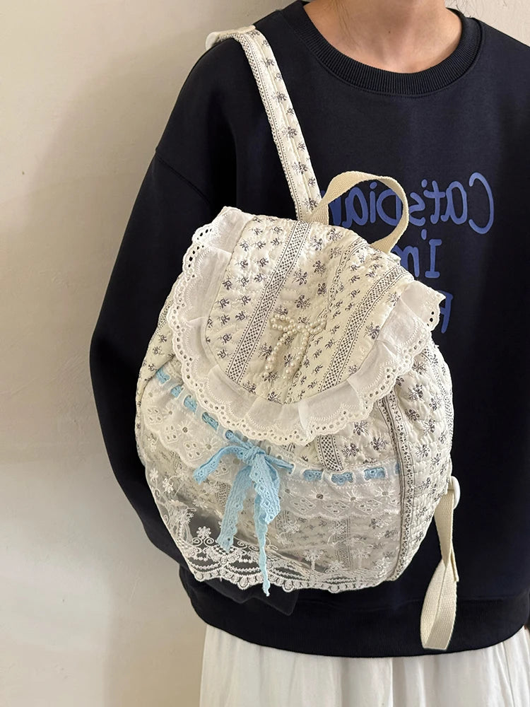 Cyflymder  Korean Lace Patchwork Sweet Bow Backpack Women Students Chic Flower Print Bow Schoolbags Y2k Aesthetic Girls All Match Backpacks