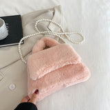 Cyflymder Luxury Faux Fur Handbag Brand Designer Bag Soft Plush Shoulder Bag Small Fluffy bolsa feminina Vintage Pearl Chain Crossbody Bag