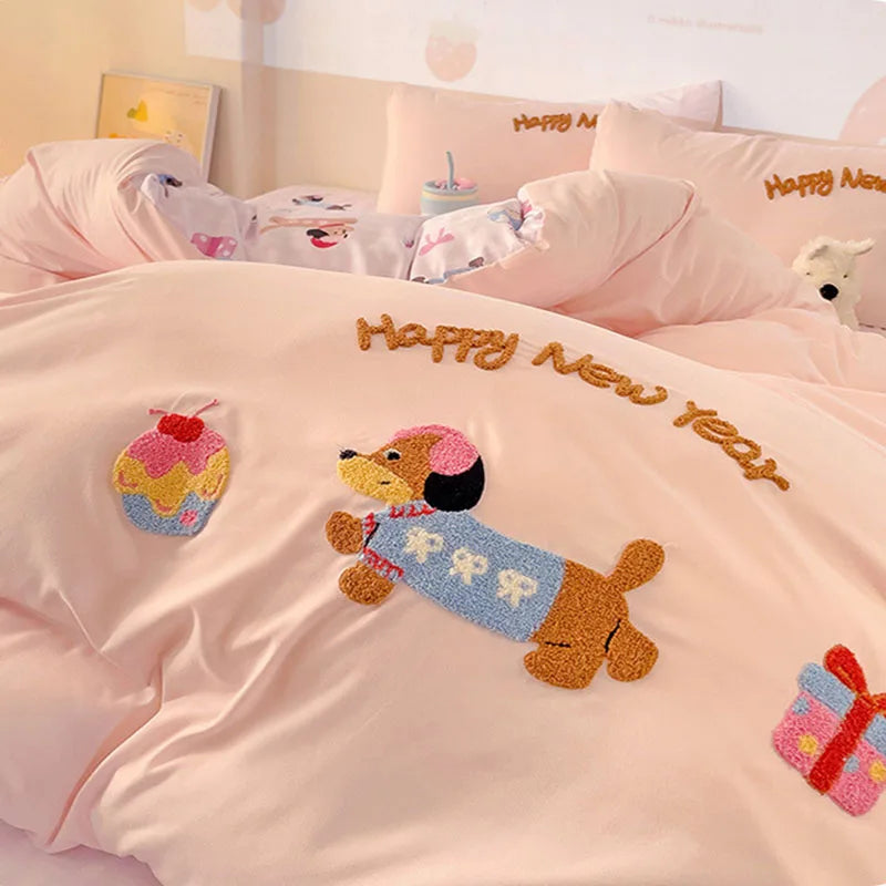 Cyflymder  Cartoon Printed Cloud Cotton Bedding Soft Set Sweet Washed Skin-Friendly Bedclothes Sets Single Textile Supplies for All Seasons
