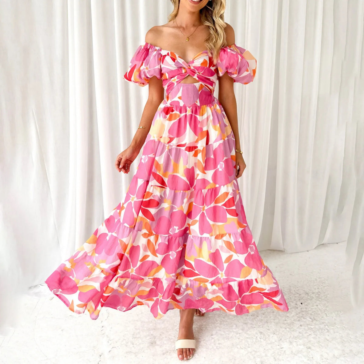 Cyflymder  Summer Bohemian Dresses Off Shoulder Sexy Short Sleeve Large Swing Long Dress Women Floral Printed Low Cut Backless Beach Dress