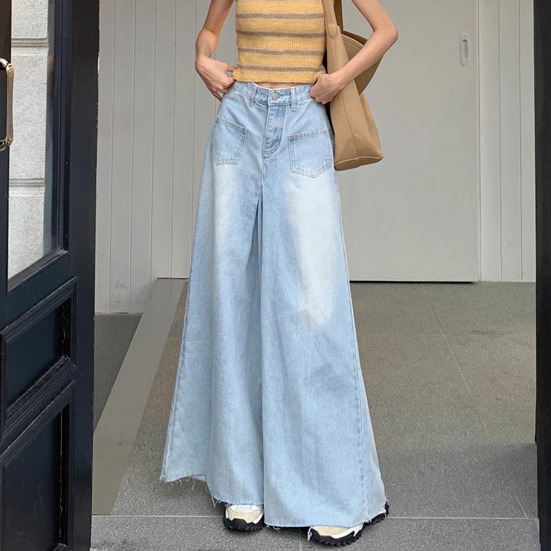 Cyflymder  Woman High Waist Vintage Designer Wide Leg Jeans Female Gothic Loose Straight Leg Pants Girls Blue Light Blue Denim Trousers