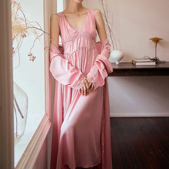 Cyflymder  White Bride Wedding Dress Robe Set 2Pcs Kimono Bathrobe Elegant Princess Style Homewear Loose Sleep Set Lady Satin Nightgown