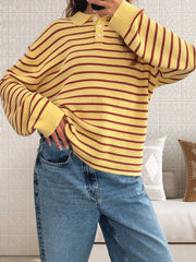 Cyflymder  Women s Striped Collared Sweater with Loose Fit and Long Sleeves - Stylish Pullover Knit Top for Casual Winter and Fall Fashion