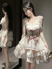 Cyflymder  Sweet Dresses Women Lace Patchwork Bow Bandage Sleeveless Ribbon Backless Elegant Party Mini Dress Female Princess