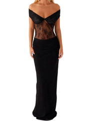 Cyflymder  Elegant Off Shoulder Lace Evening Gown with  V Neckline and Open Back for Women s Formal Party Wear