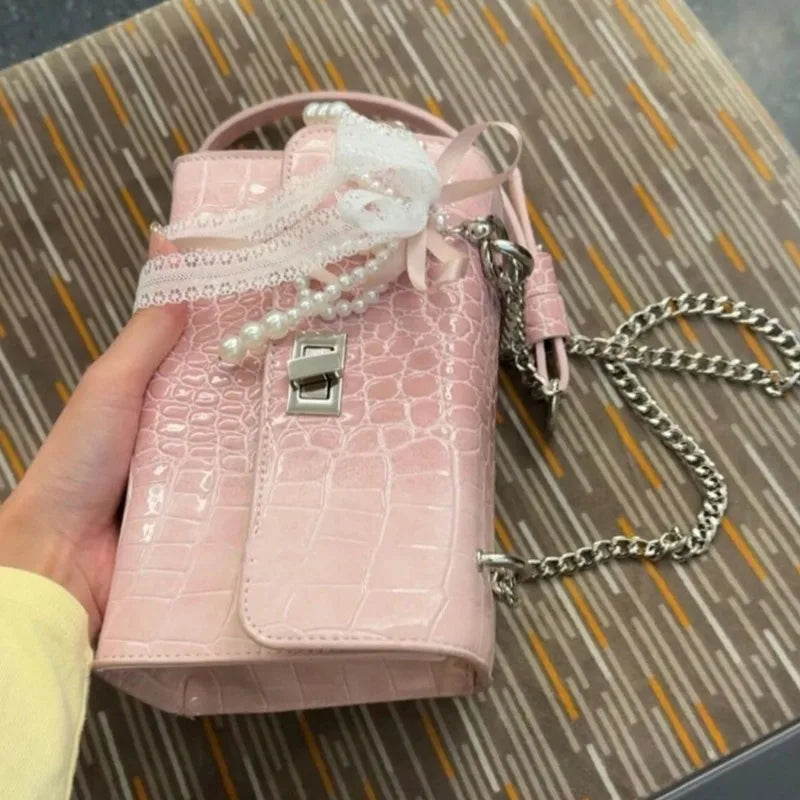 Cyflymder  Hot Girl Sweet Bow Handbag Women Premium Crocodile Texture  Leather Shoulder Bag Ladies 2025 New Y2K Aesthetic Crossbody Purse