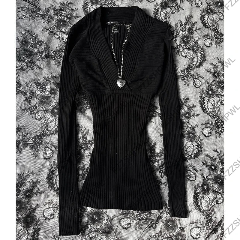 Cyflymder  Women Subculture Y2K 2000s Vintage Solid Black Ribbed Knit Sweater Punk Streetwear Slim Fit Long Sleeve Top Goth Grunge Clothes