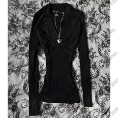 Cyflymder  Women Subculture Y2K 2000s Vintage Solid Black Ribbed Knit Sweater Punk Streetwear Slim Fit Long Sleeve Top Goth Grunge Clothes