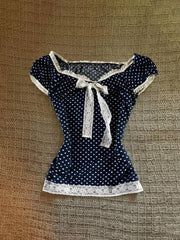 Cyflymder  Vintage T-shirt Y2k 2000s Crop Top Lace Slim Polka Dot Woman Clothes Harajuku Basics Summer Short Sleeves Fashion Sweet Tee Chic