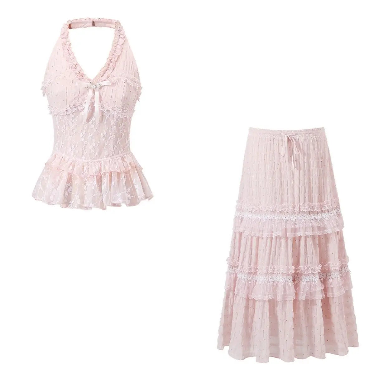 Cyflymder  French Lace V-neck Halter Neck Camisole Top High Waisted Cake Skirt Two-piece Set for Women