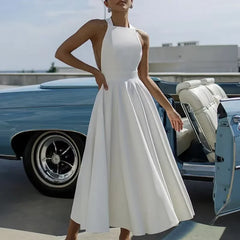 Cyflymder  Sexy Solid High Waist Long Dress Women Elegant Halter Lace-up Bow Party Dresses Summer Sleeveless Backless Boho Dress