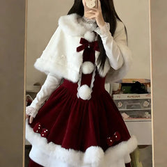 Cyflymder  Winter Red Christmas Lolita 3 Piece Sets Women Sweet Plush Patchwork Cloak Coat Slim Bow Mini Dresses Japanese Harajuku Y2k Suit