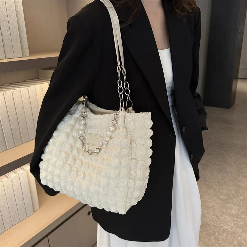 Cyflymder Large Capacity Ladies Tote Bag Fashion Plaid Women's Beaded Chain Shoulder Bags Soft Fabric Commuter Female Handbags Purse