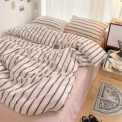 Cyflymder Pure Cotton Home Textile Blue Striped Bedding Set Simple Soft Duvet Cover Sheet Pillowcase Ins Style Bed Linens Queen King Size