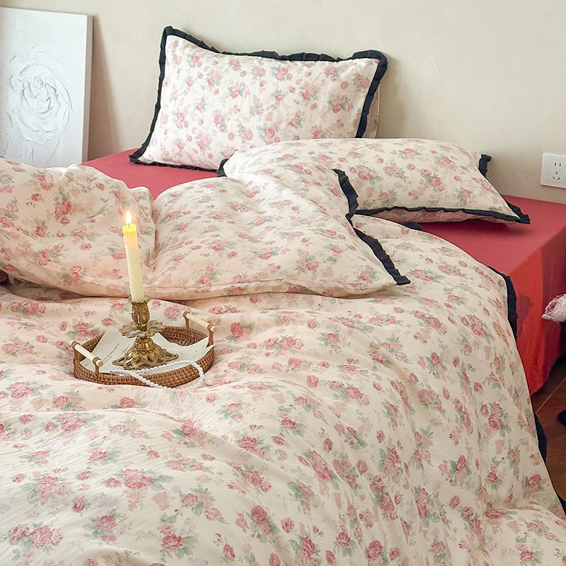 Cyflymder  Korean Princess Floral Ruffles 100% Cotton Double Layer Yarn Soft Bedding Set Single Queen King Duvet Cover Bed Sheet Pillowcase