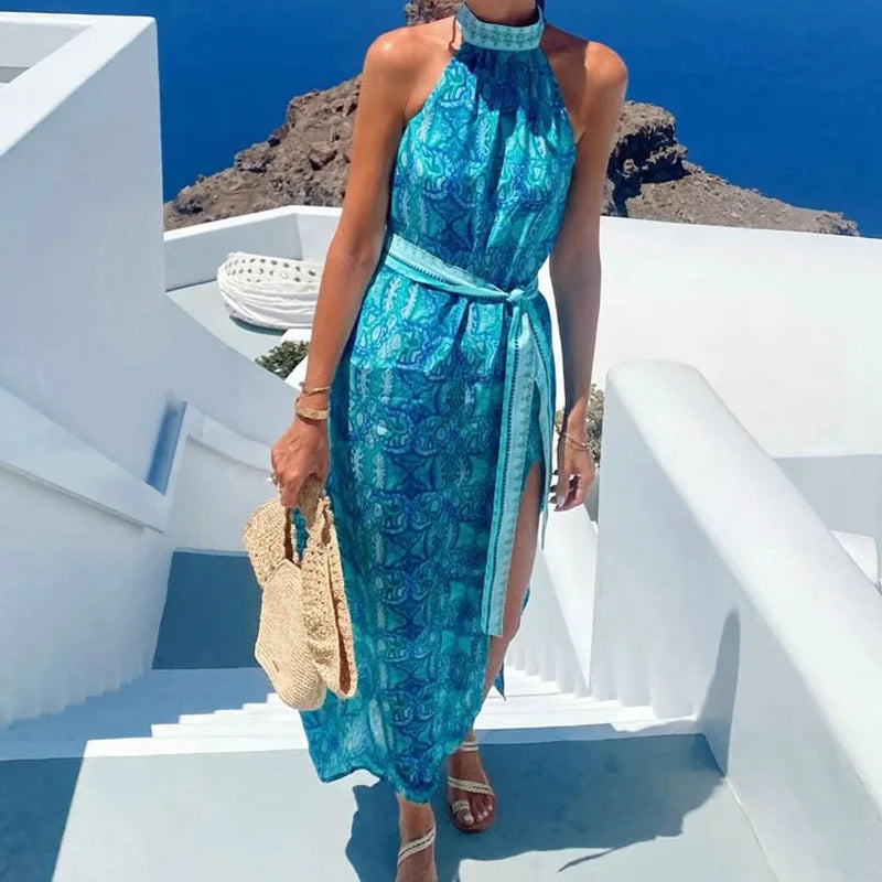 Cyflymder  Sexy Off Shoulder High Waist Party Dress Bohemian Print Beach Vacation Dress Lady Casual Hollow Out Sleeveless Satin Long Dress