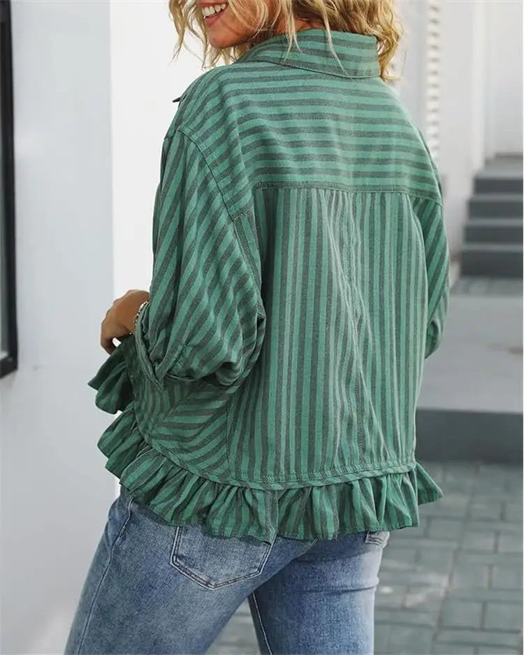 Cyflymder  Casual Stripe irt Women's Summer Top Button down ort Sve Gathered Hem Bubble Sve Polyester Fiber Commute Sleeve