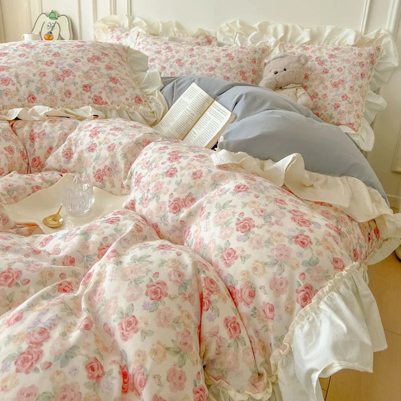 Cyflymder  Floral Print Korean Style Princess Lace Ruffles 100% Cotton Bedding Set Duvet Cover Bed Sheet/Fitted Sheet Pillowcases 3/4Pcs