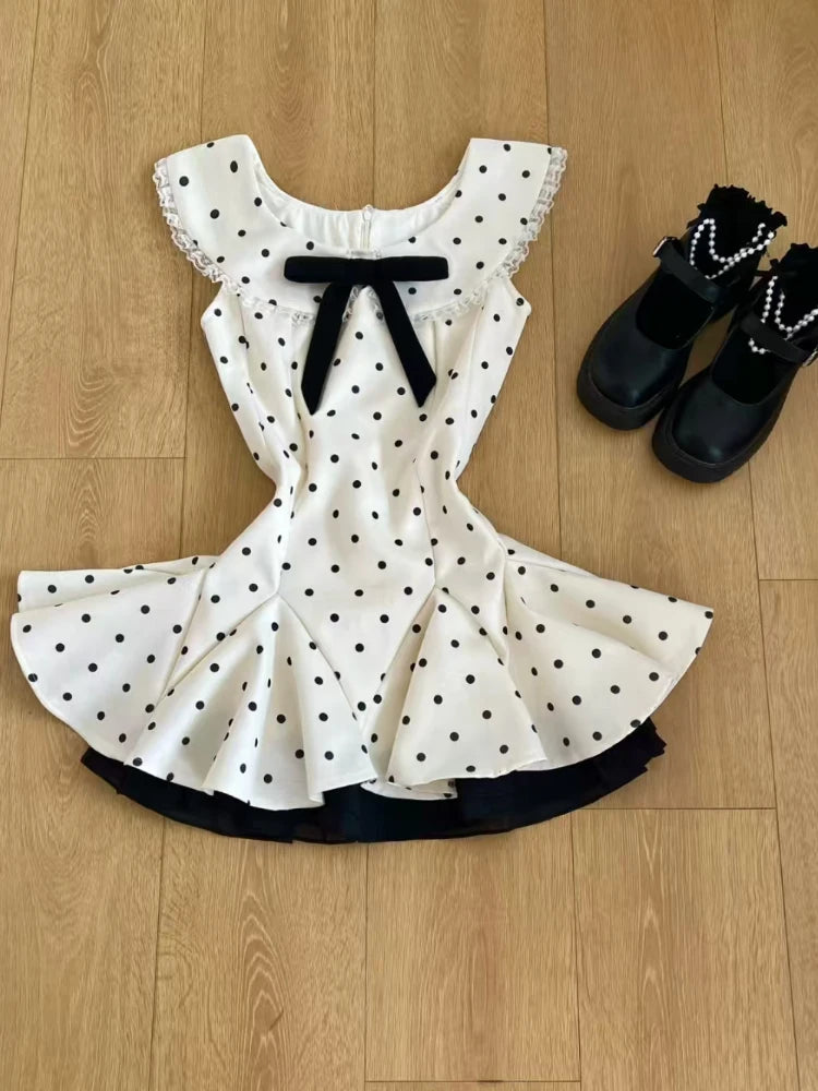 Cyflymder  France Elegant Sweet Bow Polka Dot Dress Women Design Lovely Vintage Skinny Dresses Female Fashion Warm Summer New Clothing 2025