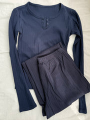Cyflymder  Eyelet 2 Piece Sets Women Navy Buttons Cotton Long Sleeve Tee+Elastic Waist Straight Trousers Home Sweet T-shirt Pant Pajama Set