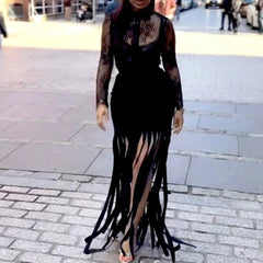 Cyflymder   Sexy See Through Mesh Lace Long Sleeve Shirts Top + Tassel High Waist Bodycon Maxi Skirts Women Fashion 2 Piece Set Party Suits