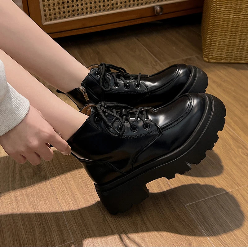 Cyflymder  Platform Thick Bottom Warm Short Plush Women Motorcycle Boots Fashion Lace Up Shoes Autumn Winter Female Short Booties
