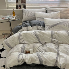 Cyflymder  Simple Nordic Pure Cotton Striped Bedding Set Naked Sleeping Comfortable Duvet Cover Set Fitted Sheet Kit for Single and Double