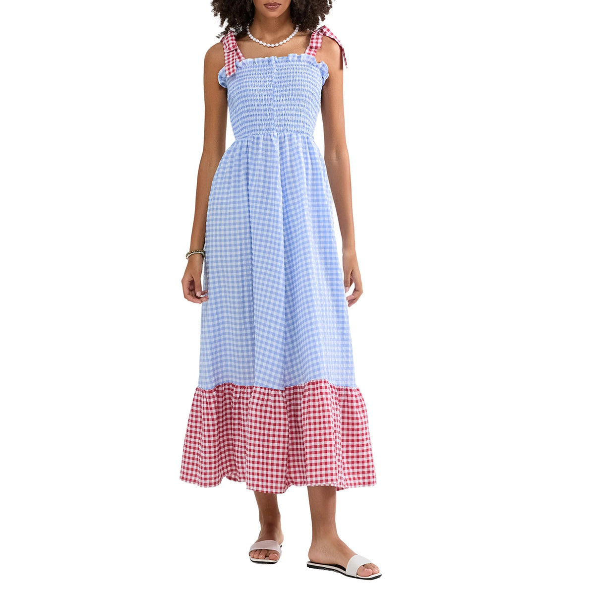 Cyflymder  Summer Midi Dress Women Fashion Plaid Tie-Up Shoulder Straps Sleeveless Dress Fashion Casual Swing Dress