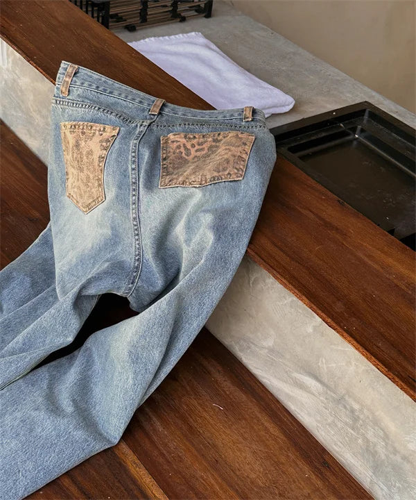 Cyflymder  Retro Splicing High Waist plus Size Slimming Leopard Print Design Casual Sle Women's Jeans Autumn New Arrival