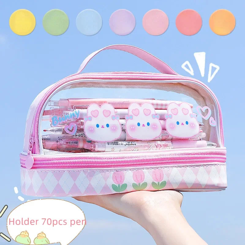 Cyflymder  Cute Transparent Pencil Case Kawaii Bunny Bear Pencil Pouch 2- Layer High Capacity Waterproof Protable Stationery Storage Bag