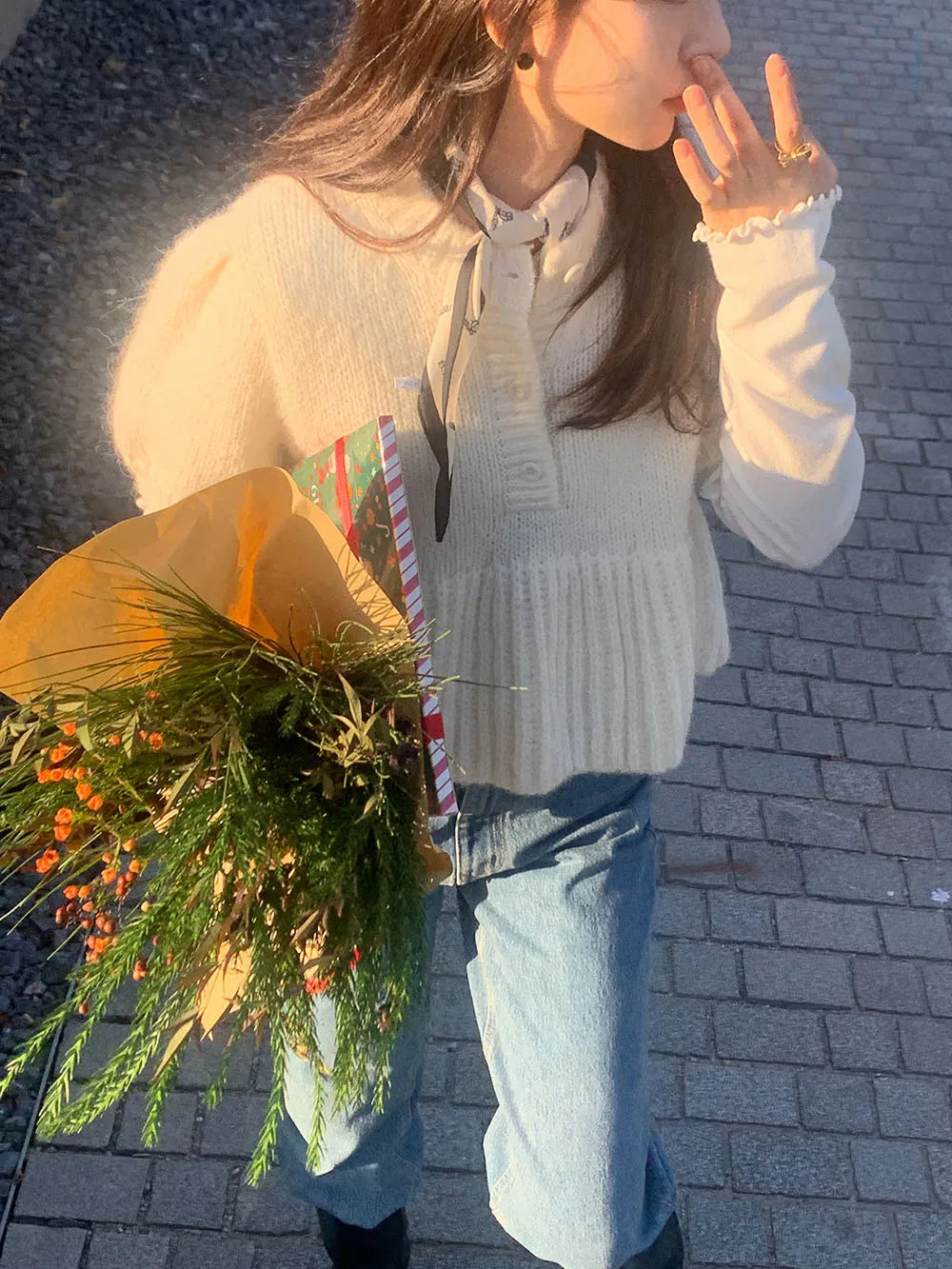 Cyflymder  Chic Autumn New Sle Retro Splicing Lace Trim Soft Bubble Sve Knitted Sweater Women's Faionable Commute Loose Fit