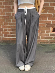 Cyflymder  Korean chic spring retro niche splicing high waist lace up versatile slim striped casual pants wide leg pants long 2025 New