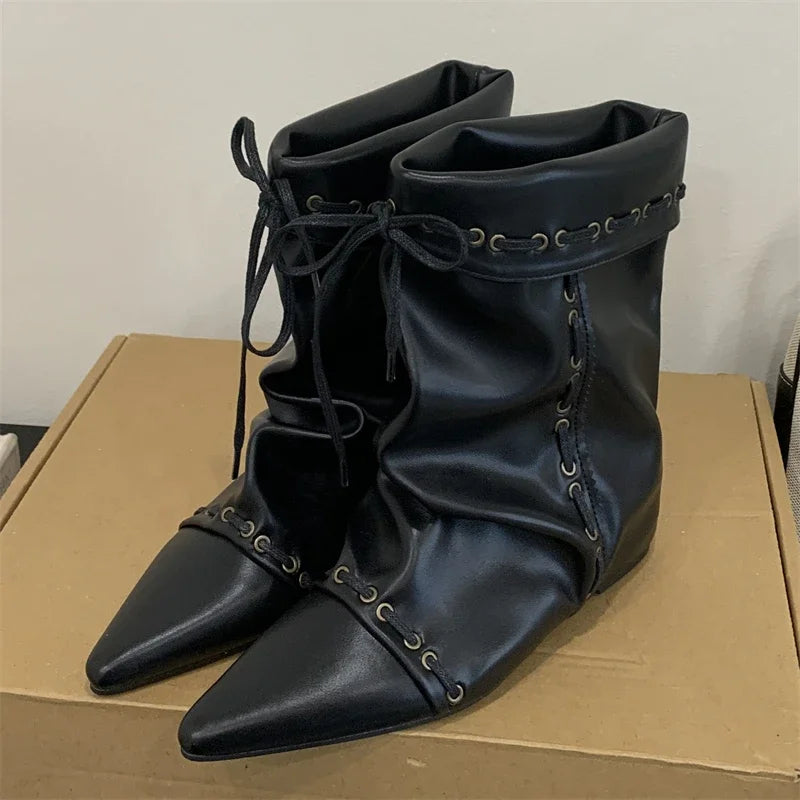 Cyflymder  Autumn Winter Soft Suede Pointed Toe Ankle Boots Women Fashion Lace Up Punk Style Modern Short Boots Ladies Wedges Party Heels