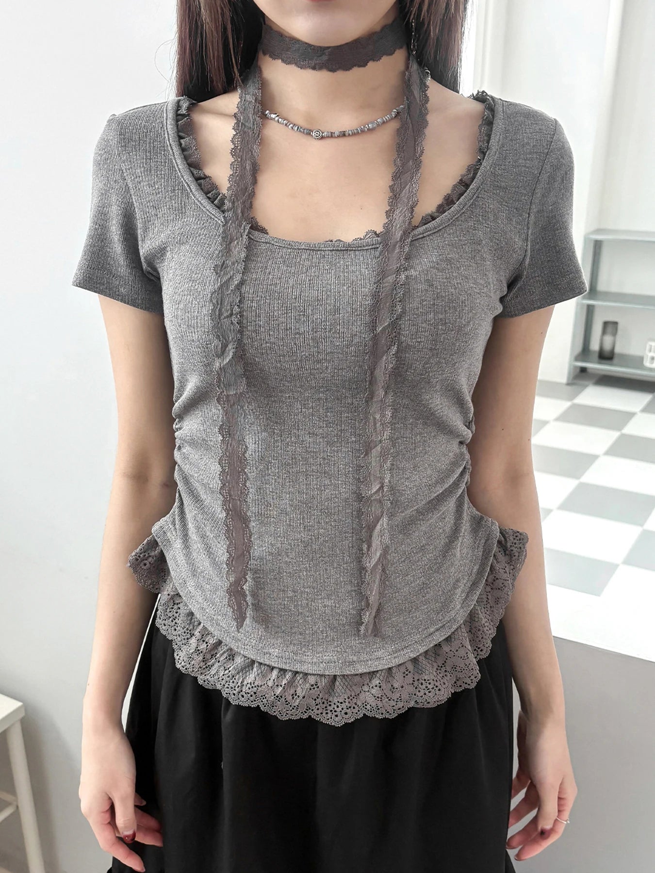 Cyflymder  Casual Lace Trim Folds T Shirt With Scarf Sweet Slim Solid Square Collar Short Sleeve Tees Women 2025 Summer Fashion