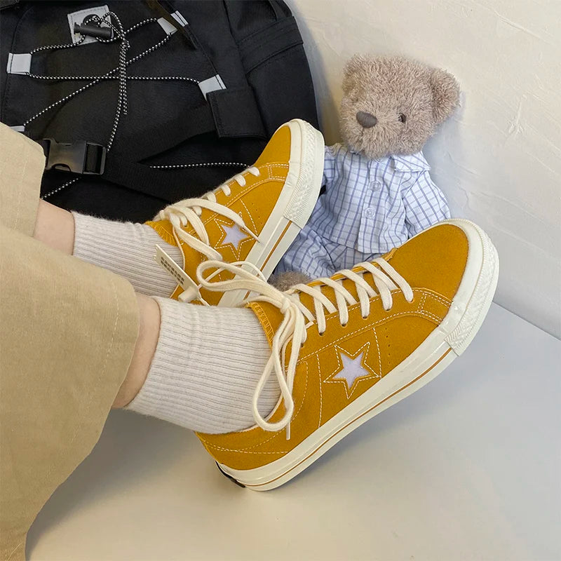Cyflymder  Retro Star Canvas oes Women's Versatile Little Dir oes INS Skateboard oes Hong Kong Sle Ulzzang Trendy Student Whit...