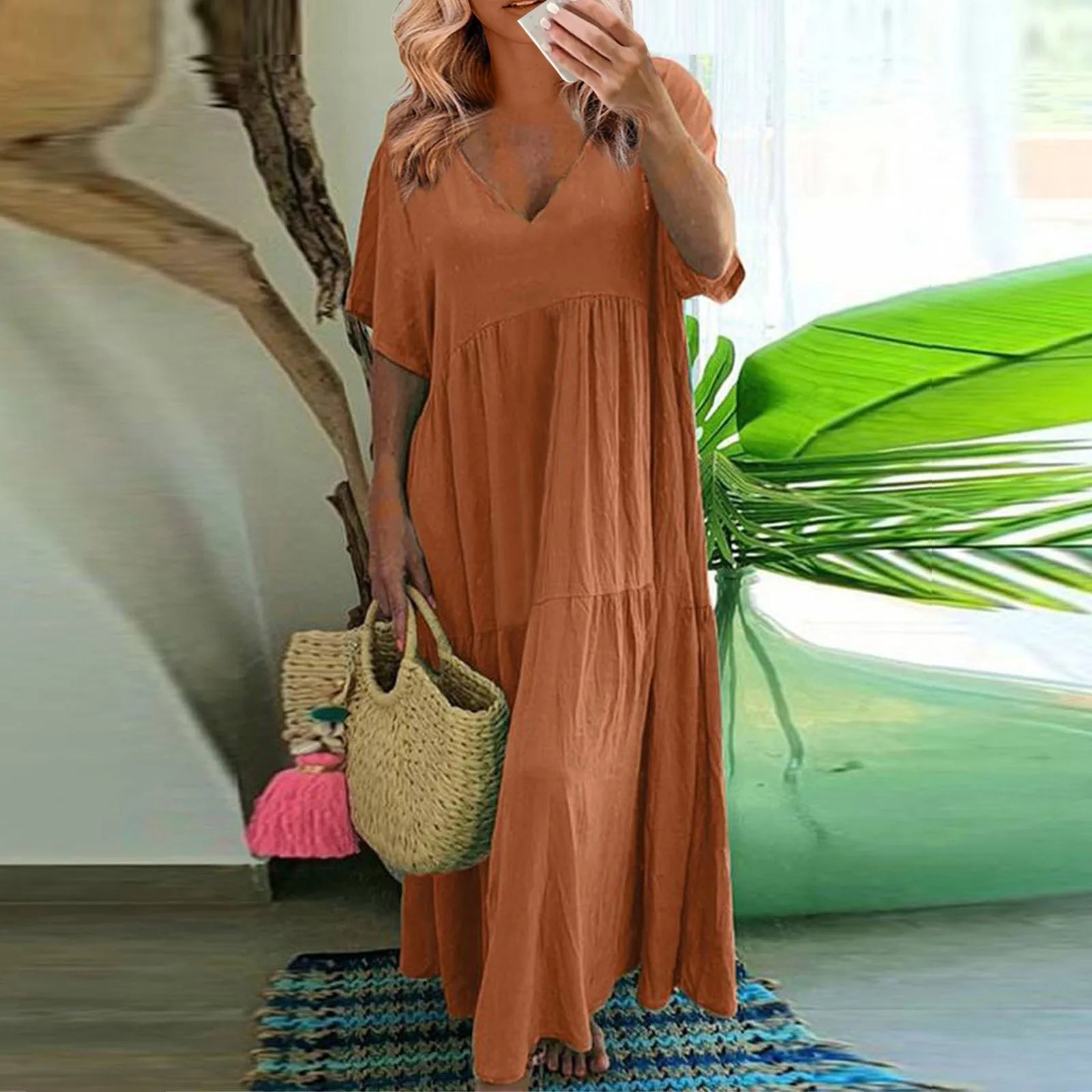 Cyflymder  Casual Summer V-Neck Short Sleeve Pleated Solid Color Casual Midi Dress Hem Loose Dress Loose Large Swing Short-sleeved Dress