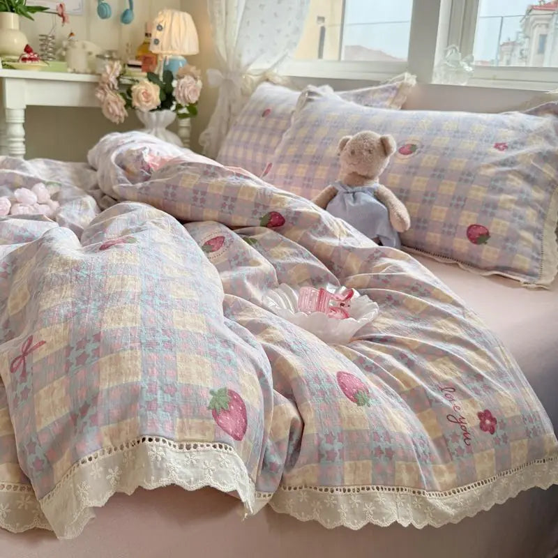 Cyflymder  Korean Style Girly Heart Floral Double Layer Gauze Four-Piece Set Princess Style Lace Trim Quilt Cover Bed Sheet Dormitory