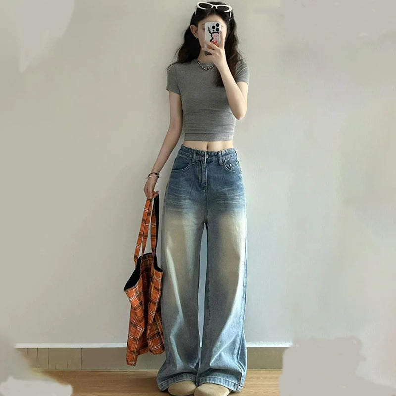Cyflymder  Chic Washed Scratched Wide Leg Jeans Women Vintage Distress Light Blue Straight Denim Trouser Niche Style High Waist Loose Pants