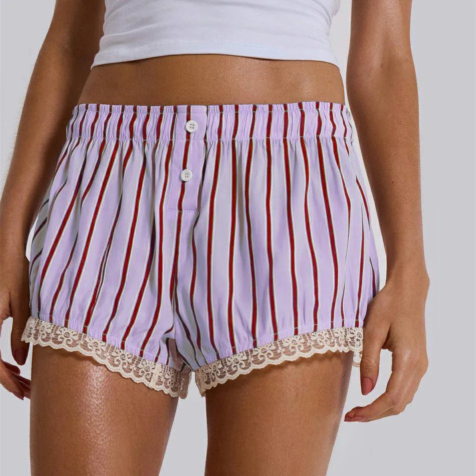 Cyflymder  Y2K Boxer Shorts Women Striped Gingham Lounge Pajama Low Elastic Waist Sleep Lace Trim Micro Short Pj Mini Pants