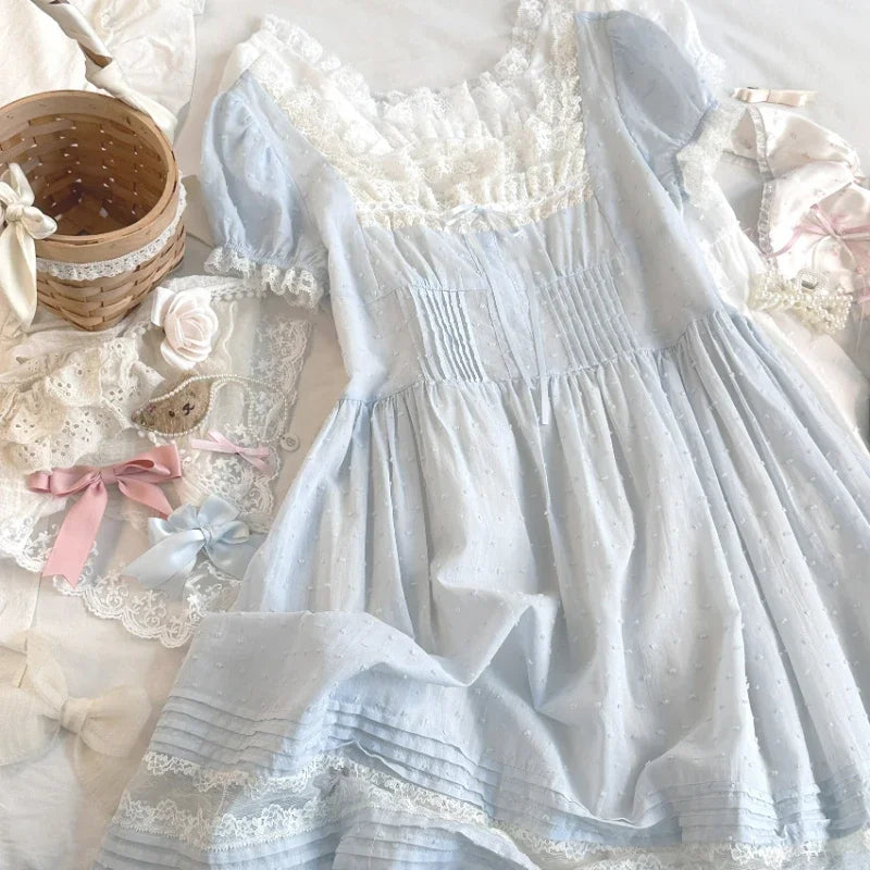 Cyflymder  Women Japanese Kawaii Cute Lace Dress Square Neck Sweet Elegant Lolita Mini Fairy Dresses Korean Summer Party Princess Dress
