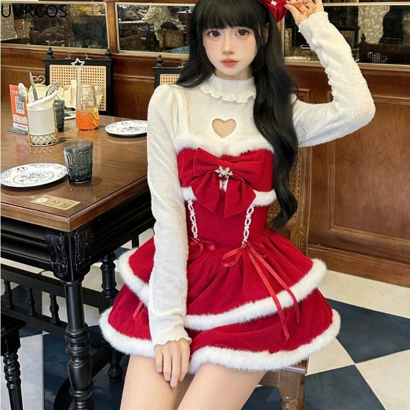 Cyflymder NEW YEAR DRESS TO IMPRESS Japanese Kawaii Lolita Dress Sets Women Hooded Shawl Short Jackets Bow Mini Skirt Korean Style Sweet Red Christmas New Year Suit