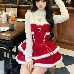 Cyflymder Japanese Kawaii Lolita Dress Sets Women Hooded Shawl Short Jackets Bow Mini Skirt Korean Style Sweet Red Christmas New Year Suit