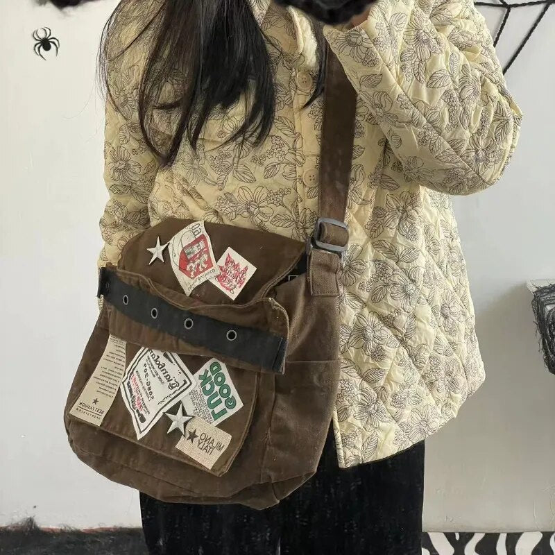 Cyflymder Vintage Y2k Messenger Bag for Women Canvas Star Patch Students School Crossbody Bags American Fashion Retro Female Handbags