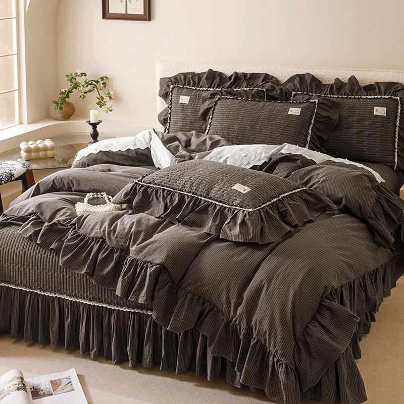 Cyflymder  100% Cotton yarn-dyed Plaid Washed Cotton Ruffles Korean Princess Bedding Set Duvet Cover Quilted Bedspread Pillowcases 4Pcs